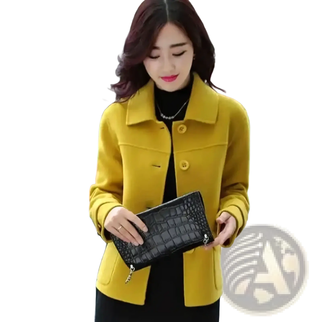 Black crocodile-textured clutch purse with silver zipper pull paired with yellow wool blend blazer women short winter coat