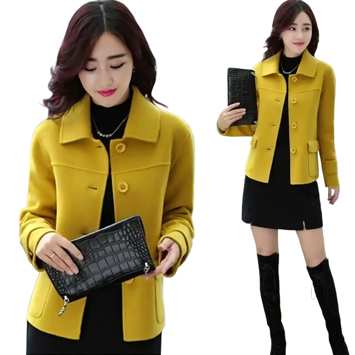 Black crocodile-textured clutch purse showcased alongside a yellow wool blend blazer women short winter coat