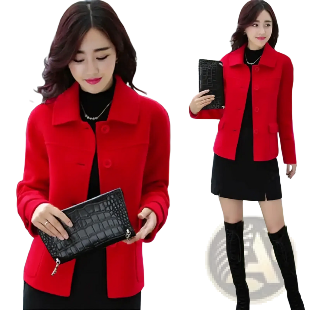 Red woolen coat with a notched collar and front button closure suitable for winter wear