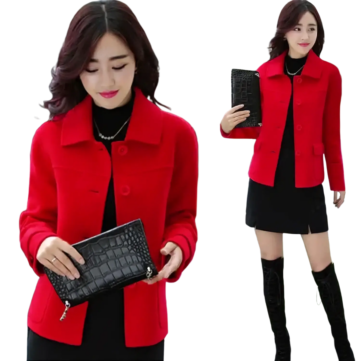 Red woolen coat with a notched collar and front button closure suitable for winter wear