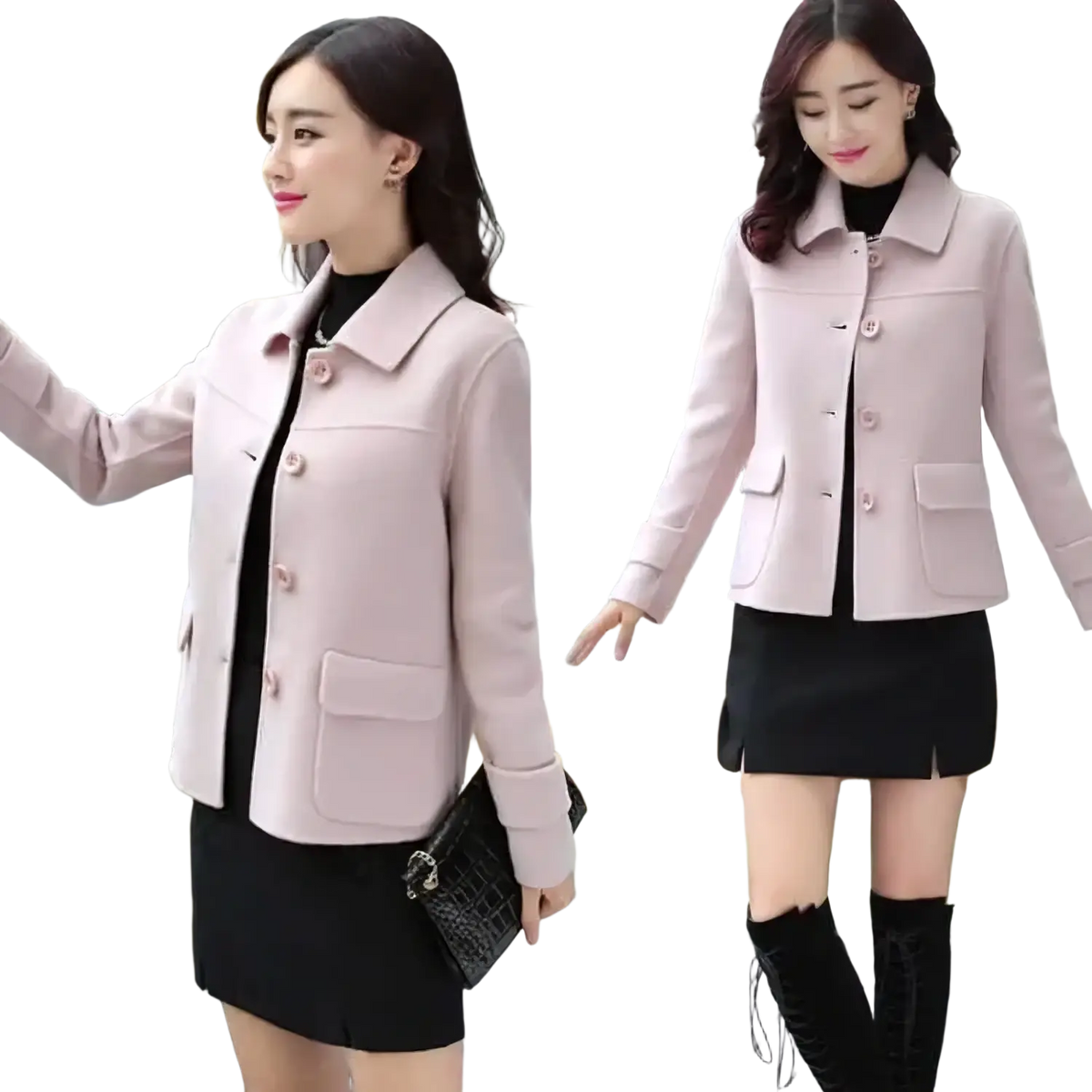 A soft pink tailored women’s blazer with notched collar and buttons in a yellow wool blend short winter coat style