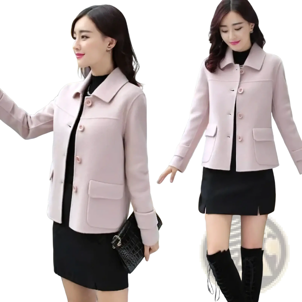 A soft pink tailored wool-blend blazer with matching buttons and flap pockets in a yellow wool blend winter coat design