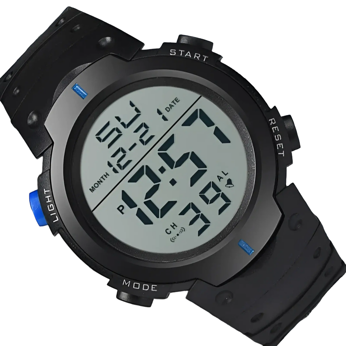 Yikaze men waterproof digital sports watch in black with rugged design blue accent buttons and sweatproof build