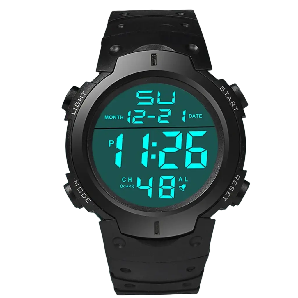 Yikaze men waterproof digital sports watch black rugged matte case with teal led showing time date and alarm functions