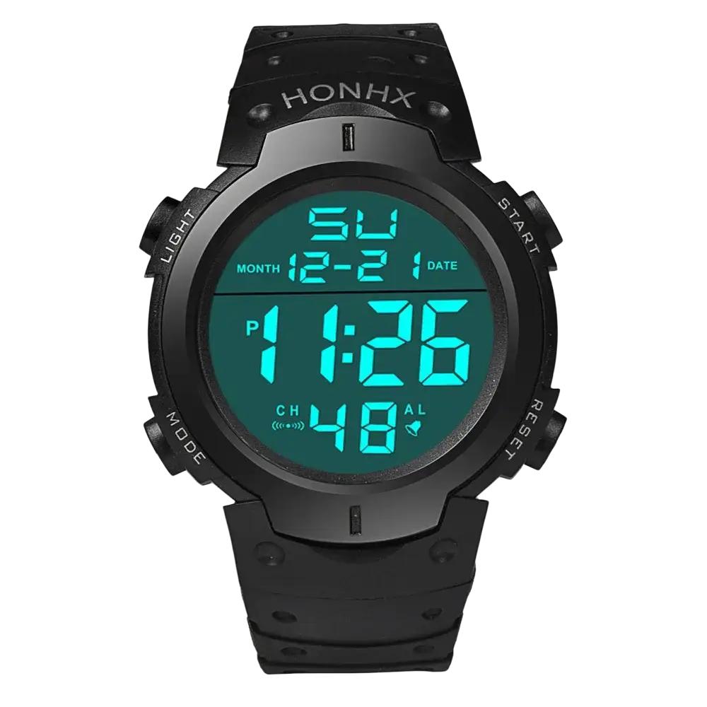 Yikaze men waterproof digital sports watch with black textured rubber strap and teal LED display for active use