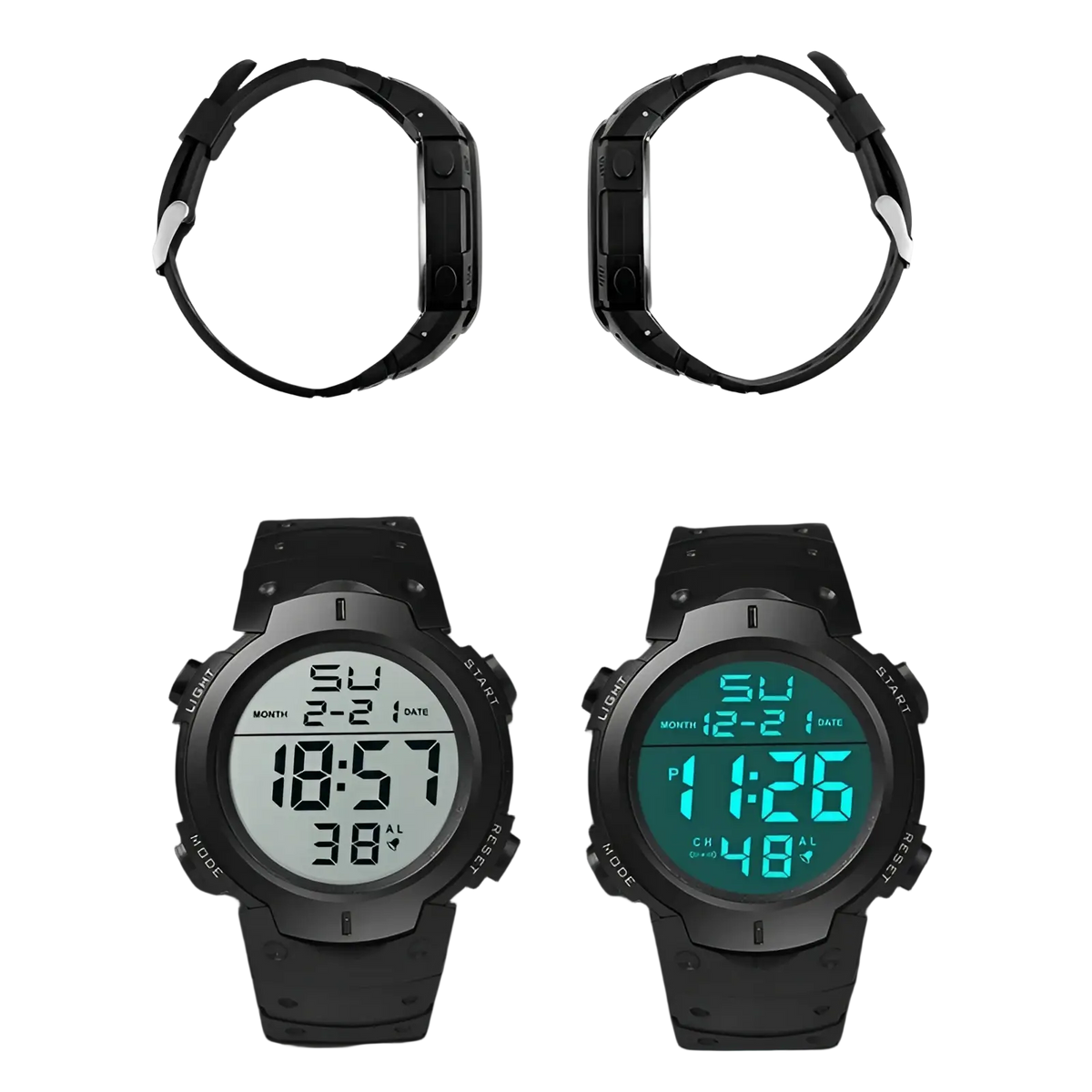 Black Yikaze men waterproof digital sports watch with rugged case and dual white or green backlit displays