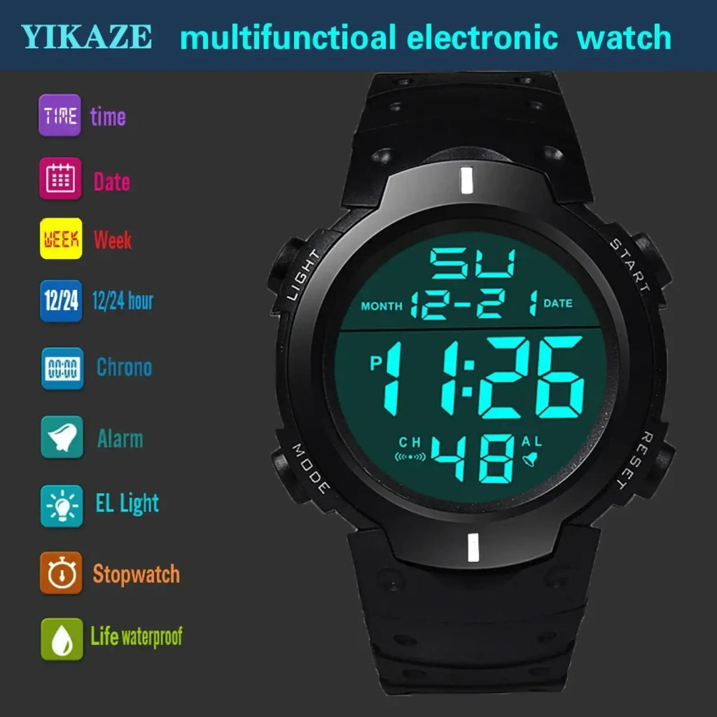 Black yikaze men waterproof digital sports watch with green digital display and multifunctional buttons around the case