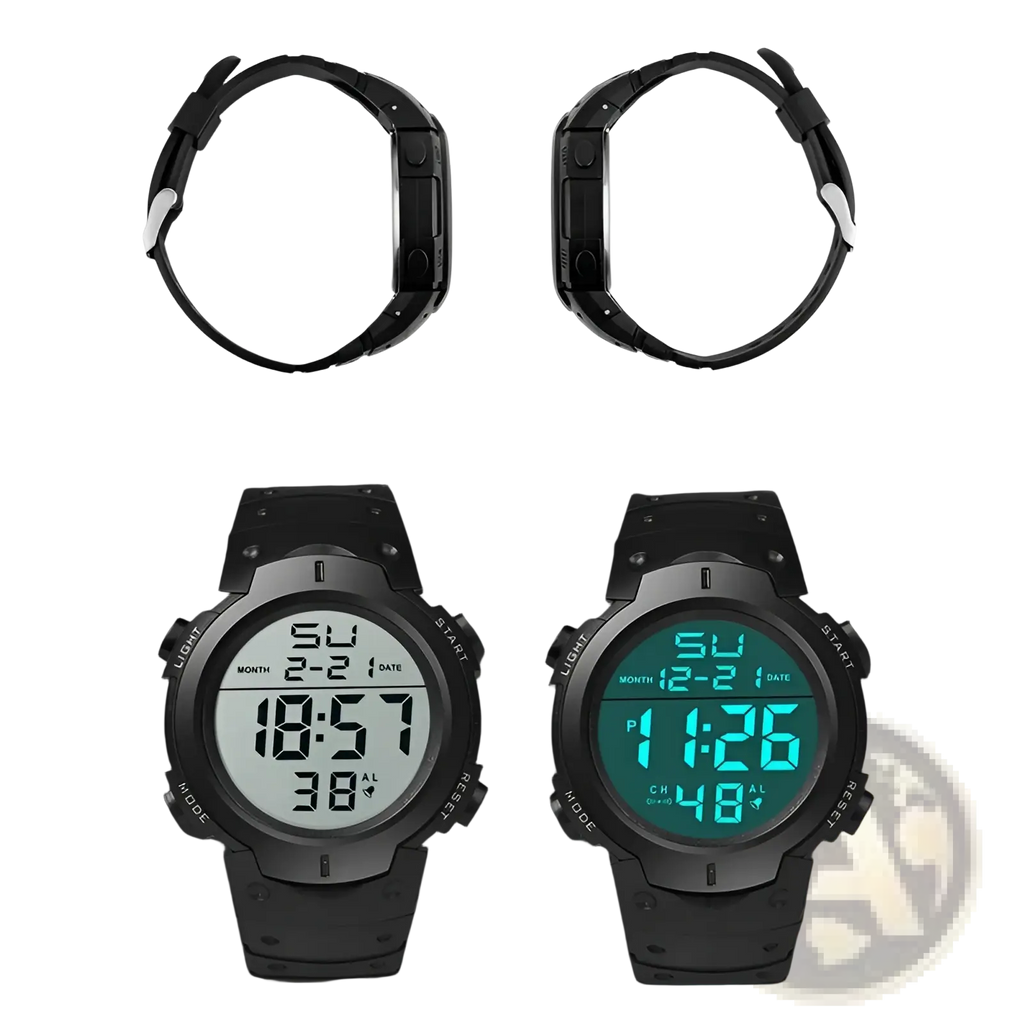 Black Yikaze men waterproof digital sports watch with rugged case and dual white or green backlit displays
