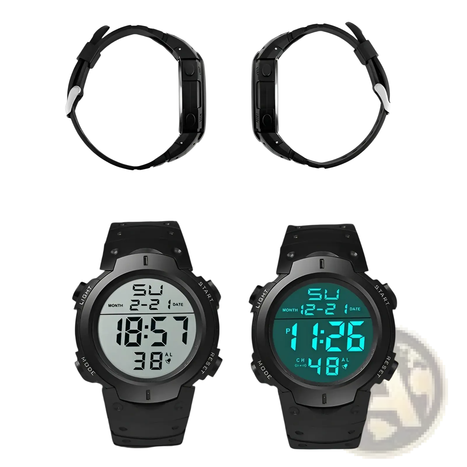 Black Yikaze men waterproof digital sports watch with rugged case and dual white or green backlit displays