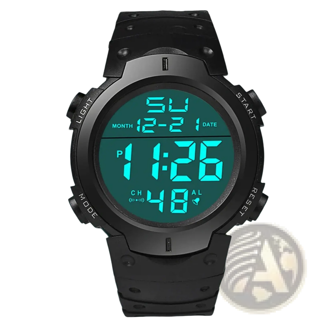 Yikaze men waterproof digital sports watch black rugged matte case with teal led showing time date and alarm functions