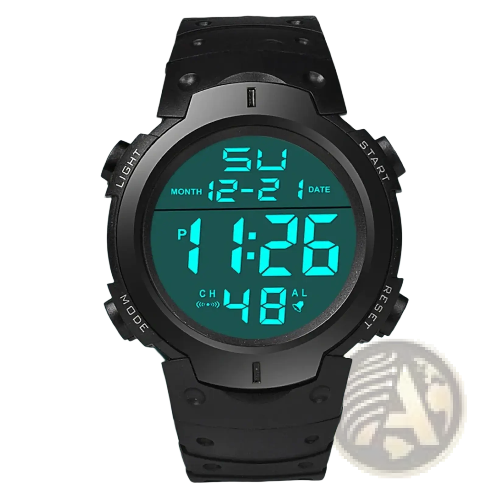 Yikaze men waterproof digital sports watch black rugged matte case with teal led showing time date and alarm functions