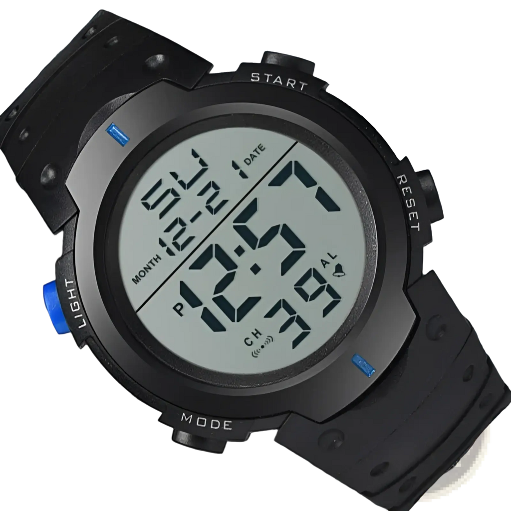 Yikaze men waterproof digital sports watch in black with rugged design blue accent buttons and sweatproof build