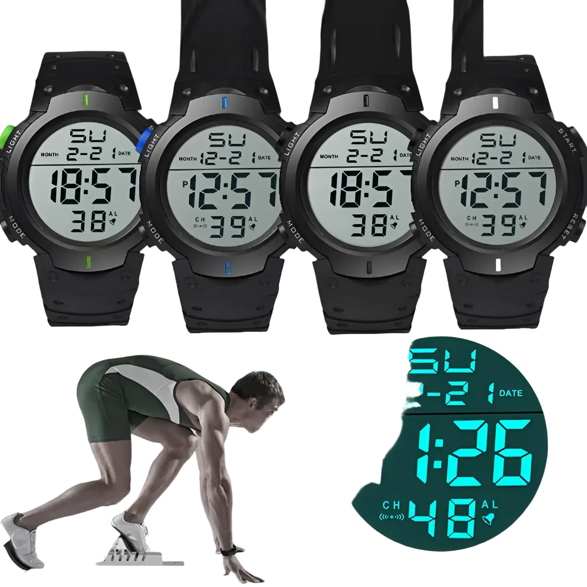 Yikaze men waterproof digital sports watch in black with green blue and white illuminated time date and alarm displays