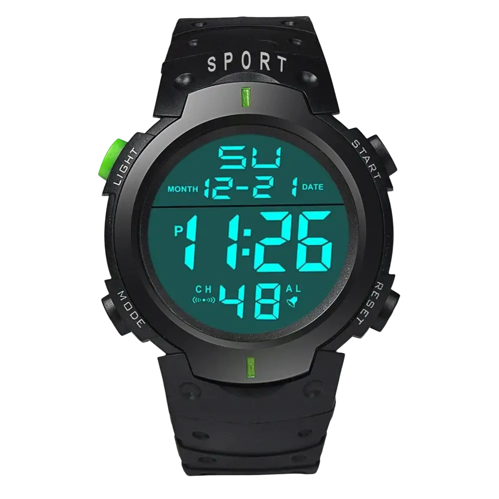 Yikaze men waterproof digital sports watch in black with green-lit display and lime-green accent button
