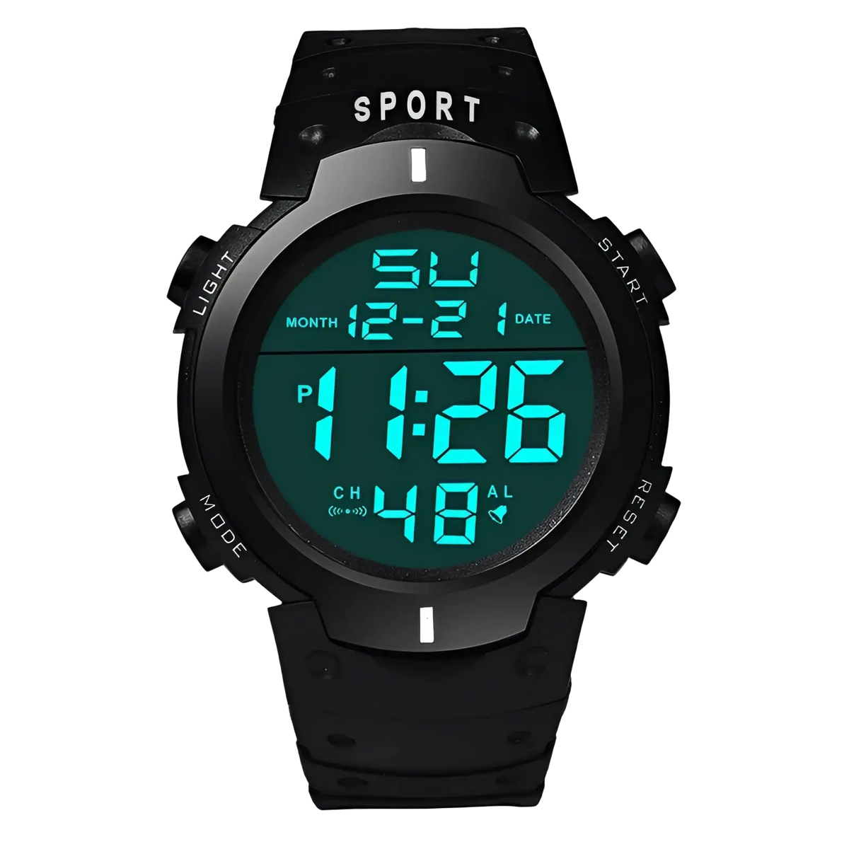 Black Yikaze men waterproof digital sport watch with green illuminated display and textured rubber strap