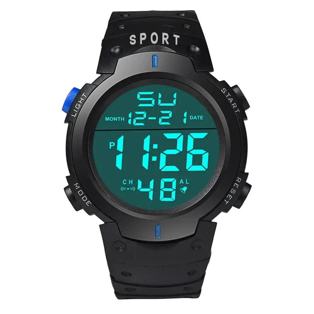Black Yikaze men waterproof digital sports watch with teal LCD display and blue accent buttons for active use