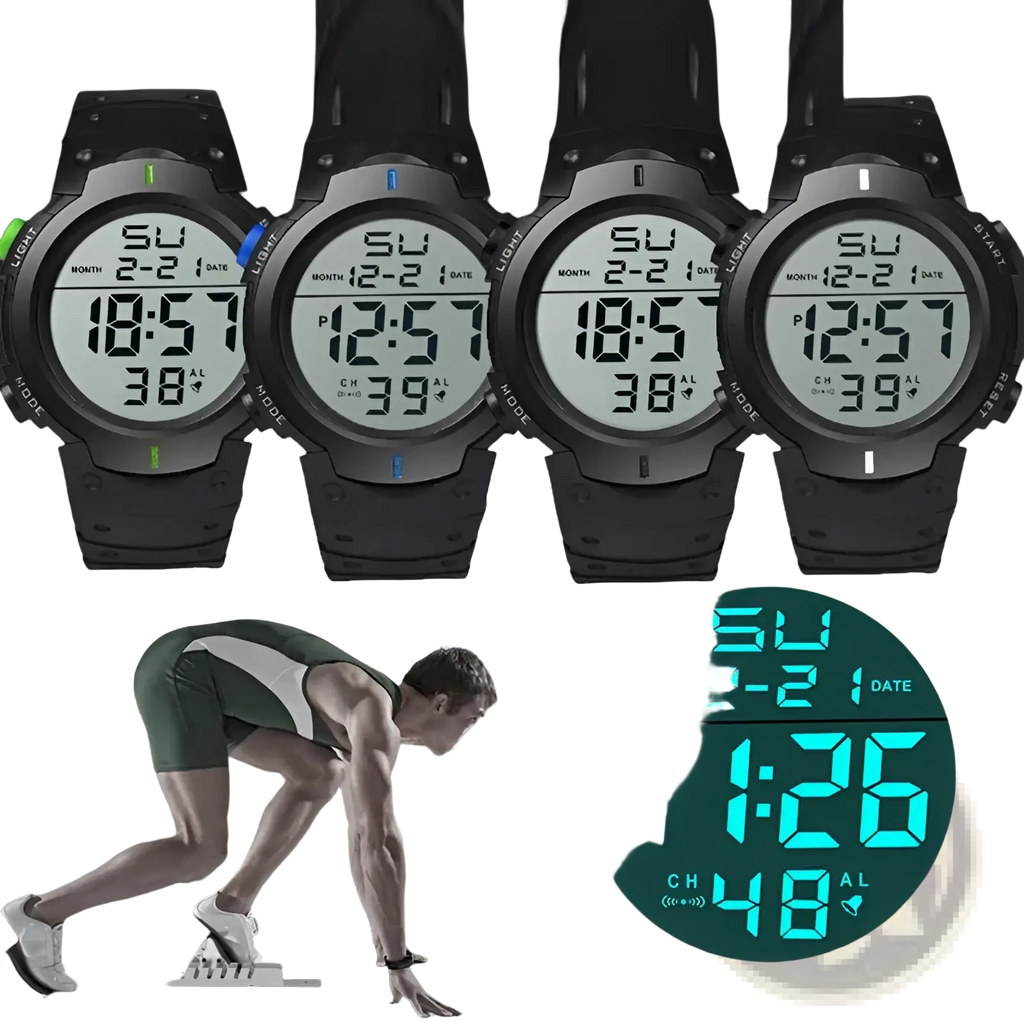 Yikaze men waterproof digital sports watch in black with green blue and white illuminated time date and alarm displays
