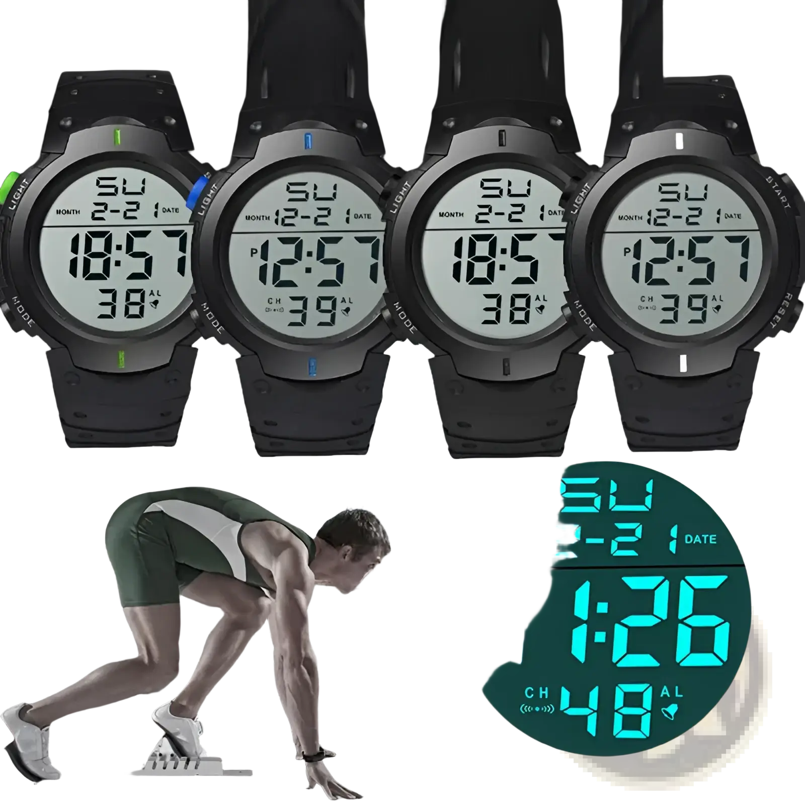 Yikaze men waterproof digital sports watch in black with green blue and white illuminated time date and alarm displays