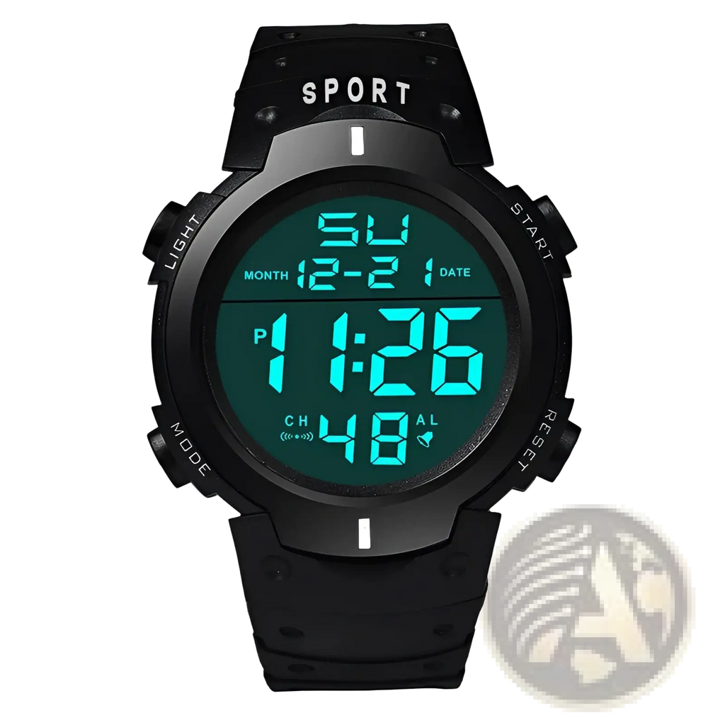 Black Yikaze men waterproof digital sport watch with green illuminated display and textured rubber strap