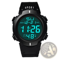 Black Yikaze men waterproof digital sport watch with green illuminated display and textured rubber strap