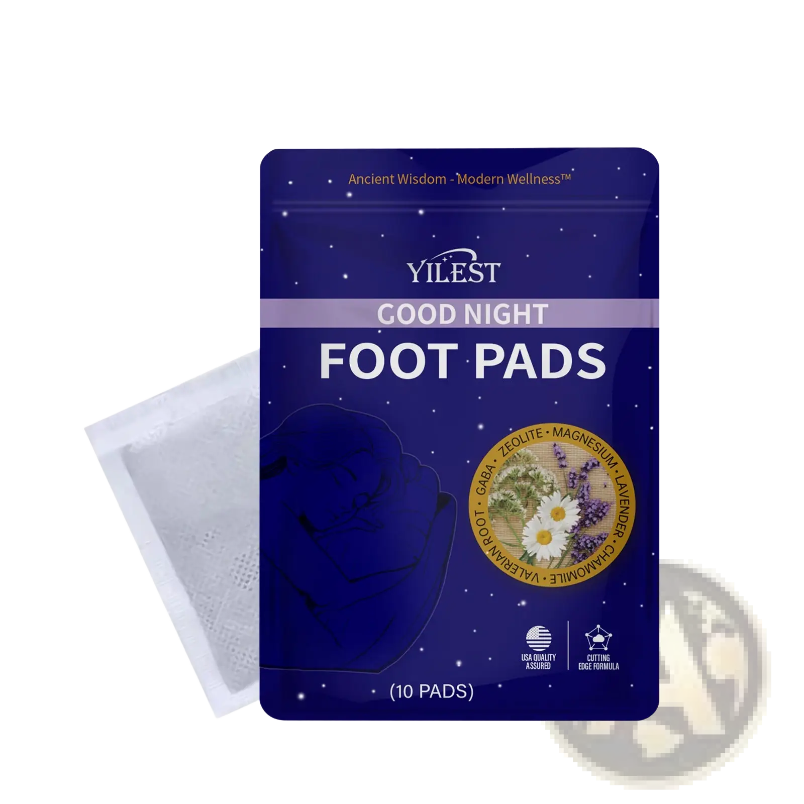 Yilest lavender and chamomile relaxing night foot patches in a deep blue pouch with white and gold text