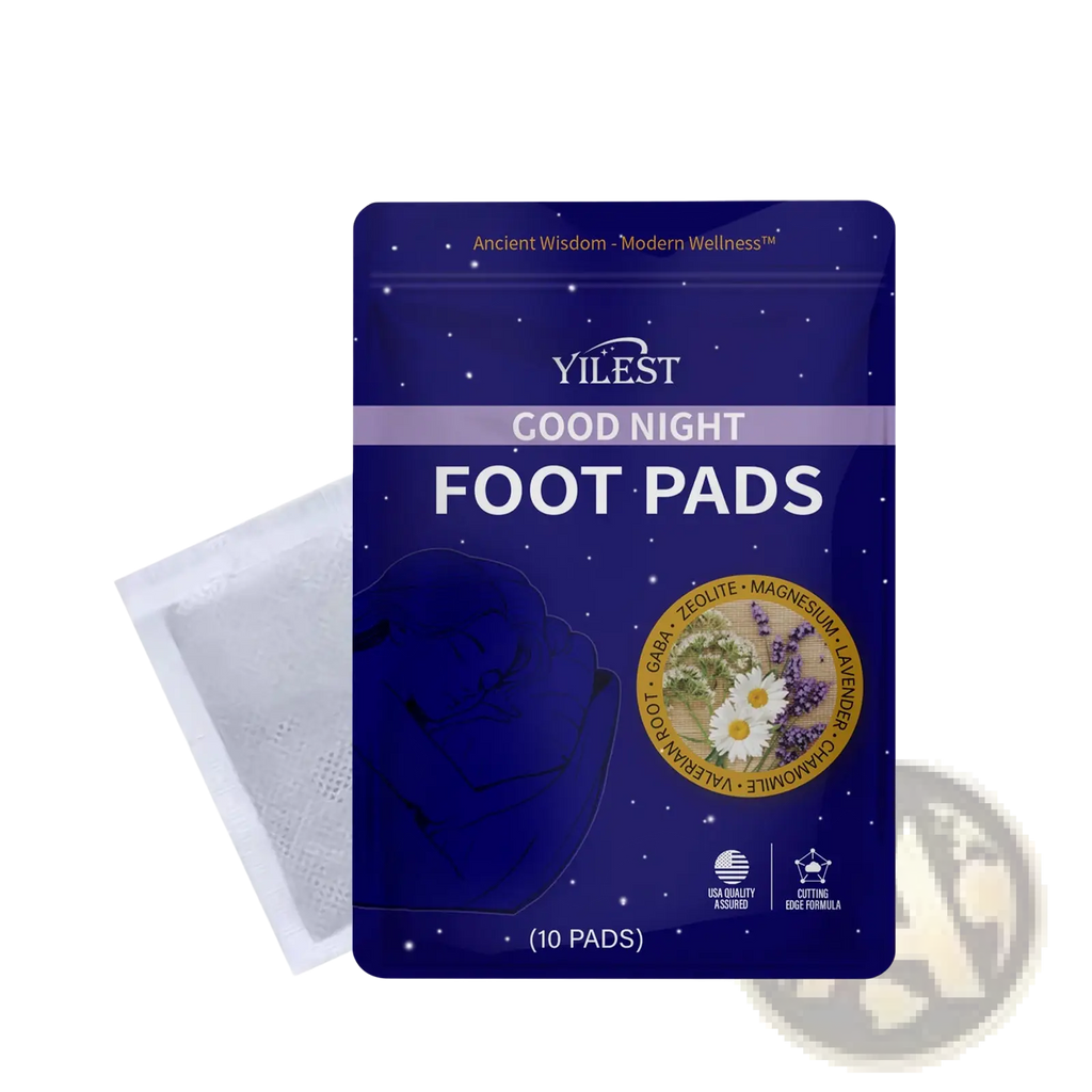 Yilest Lavender and Chamomile relaxing night foot patches in a deep blue pouch with herbal ingredients