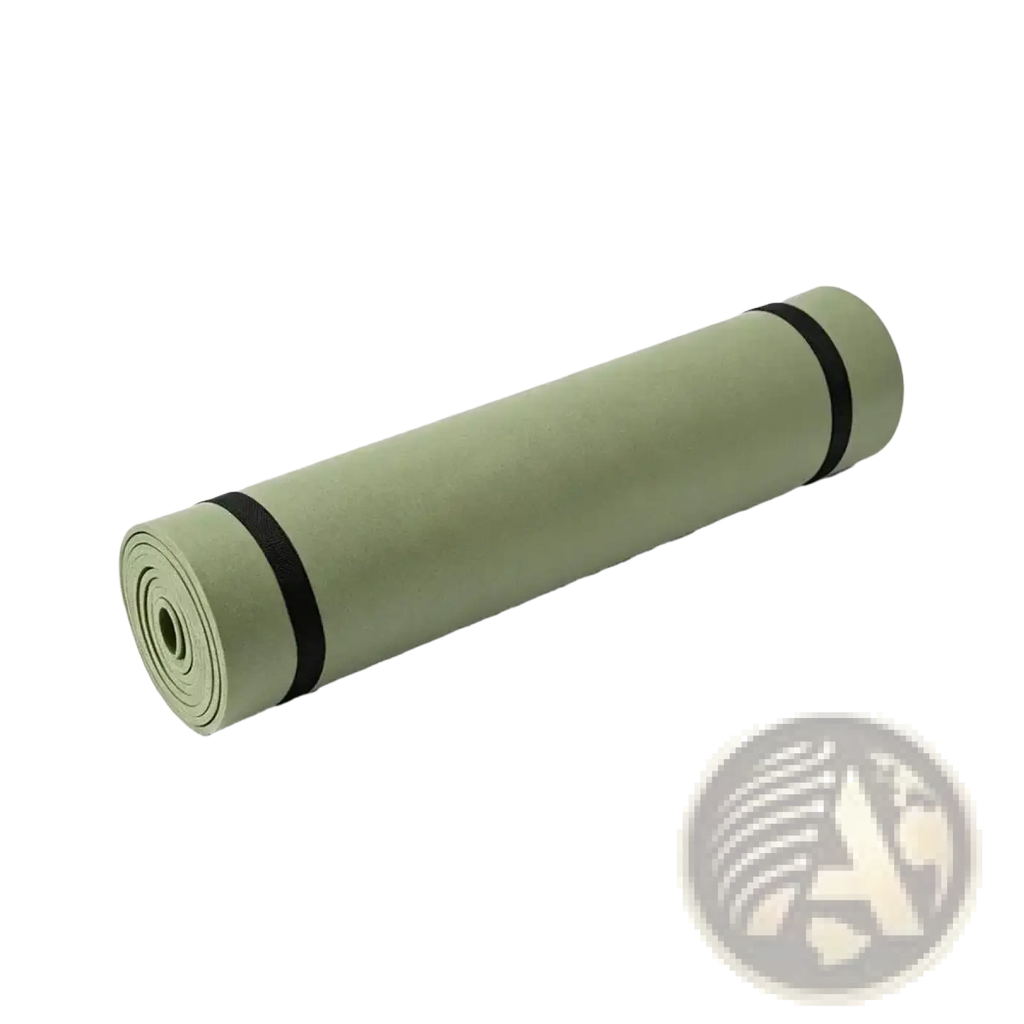 A rolled-up sage green non-slip yoga mat secured with black elastic bands for exercise 180x50cm
