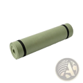 A rolled-up sage green non-slip yoga mat secured with black elastic bands for exercise 180x50cm