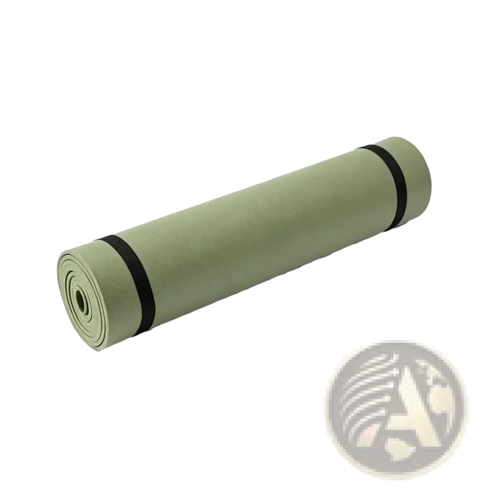 A rolled-up sage green non-slip yoga mat secured with black elastic bands for exercise 180x50cm