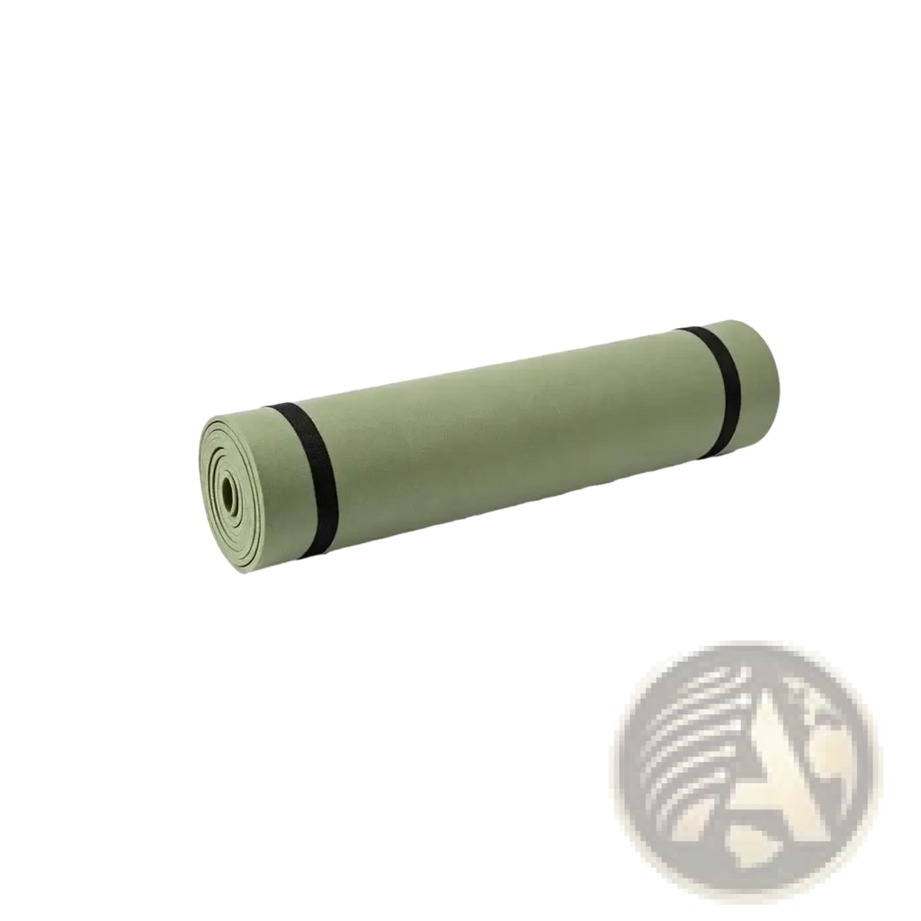 Rolled-up olive green non slip yoga mat with black straps measuring 180x50cm for exercise and fitness use