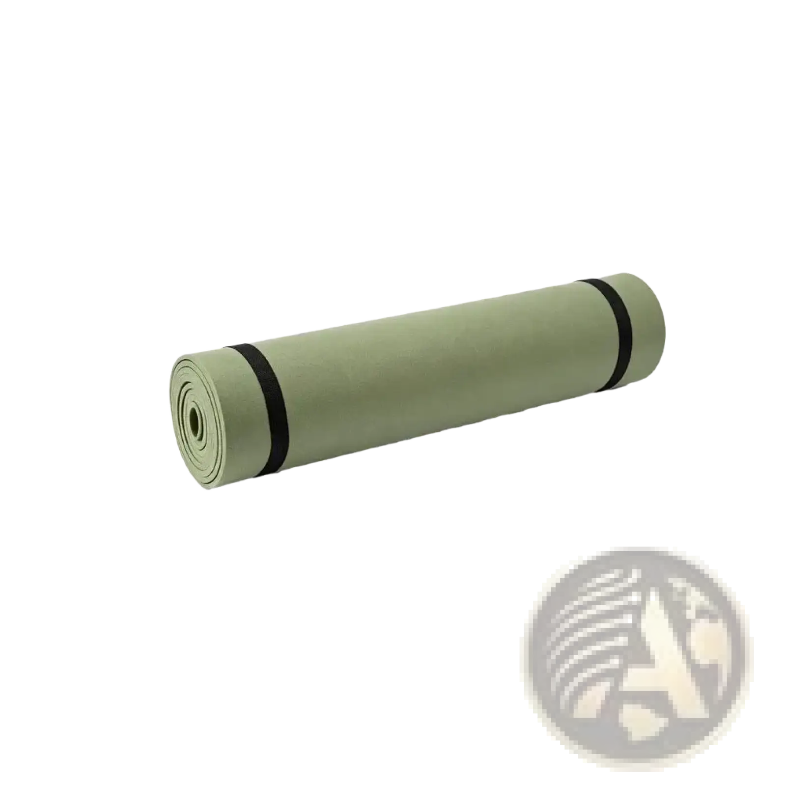 Rolled-up olive green non slip yoga mat with black straps measuring 180x50cm for exercise and fitness use