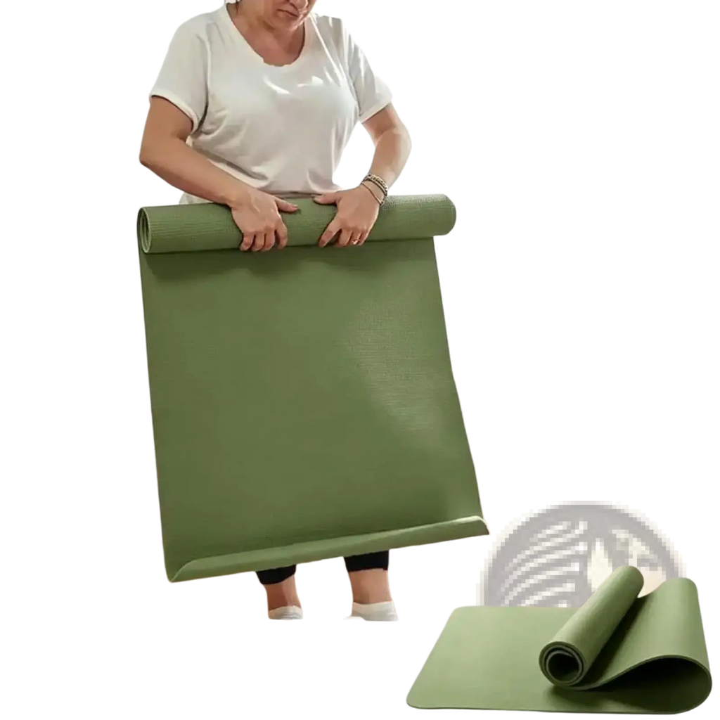 A solid olive green non slip yoga mat with textured surface 180x50cm held rolled up by a person in a bright room