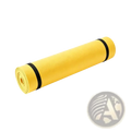 Bright yellow non slip thick yoga mat rolled and secured with black straps for portable exercise use