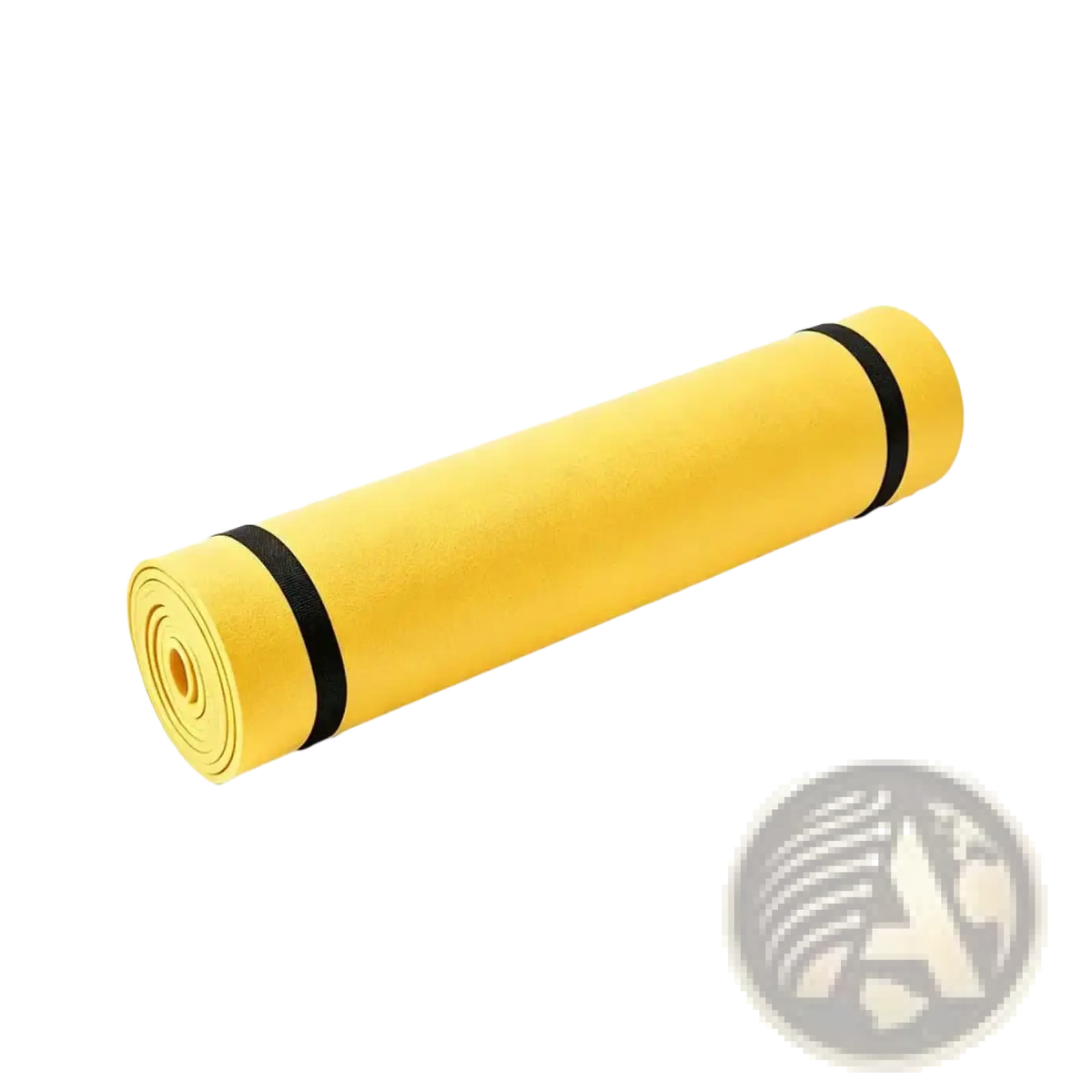 Bright yellow non slip thick yoga mat rolled and secured with black straps for portable exercise use