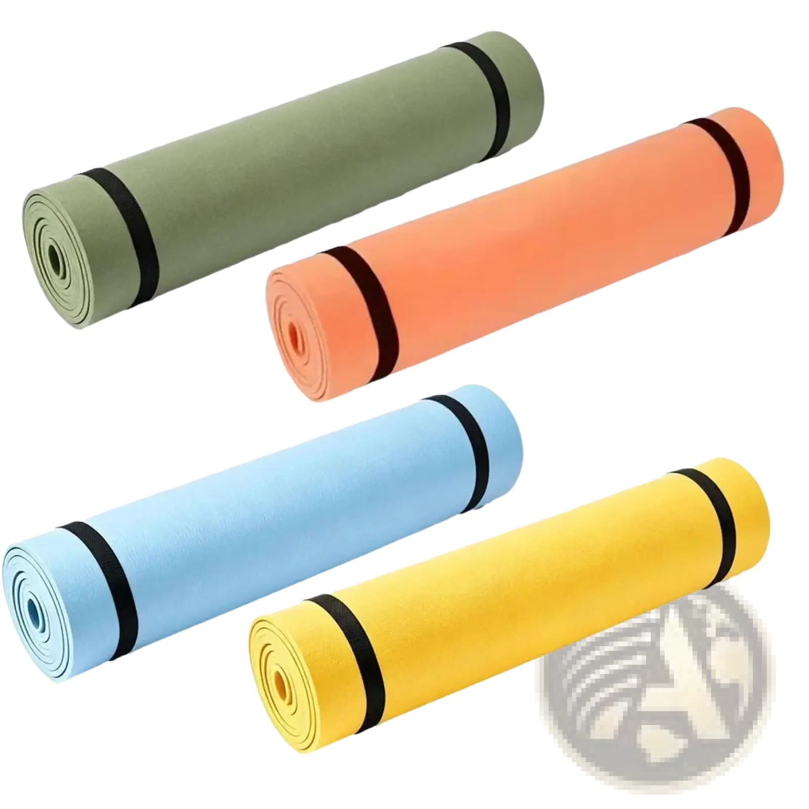 Portable non-slip eva yoga mats in green orange blue and yellow with black straps for fitness and exercise use