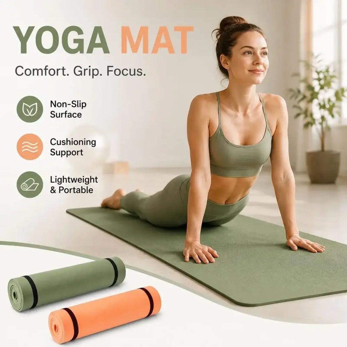 Olive green yoga mat portable non-slip eva fitness pad with cushioning support shown unrolled and rolled up versions
