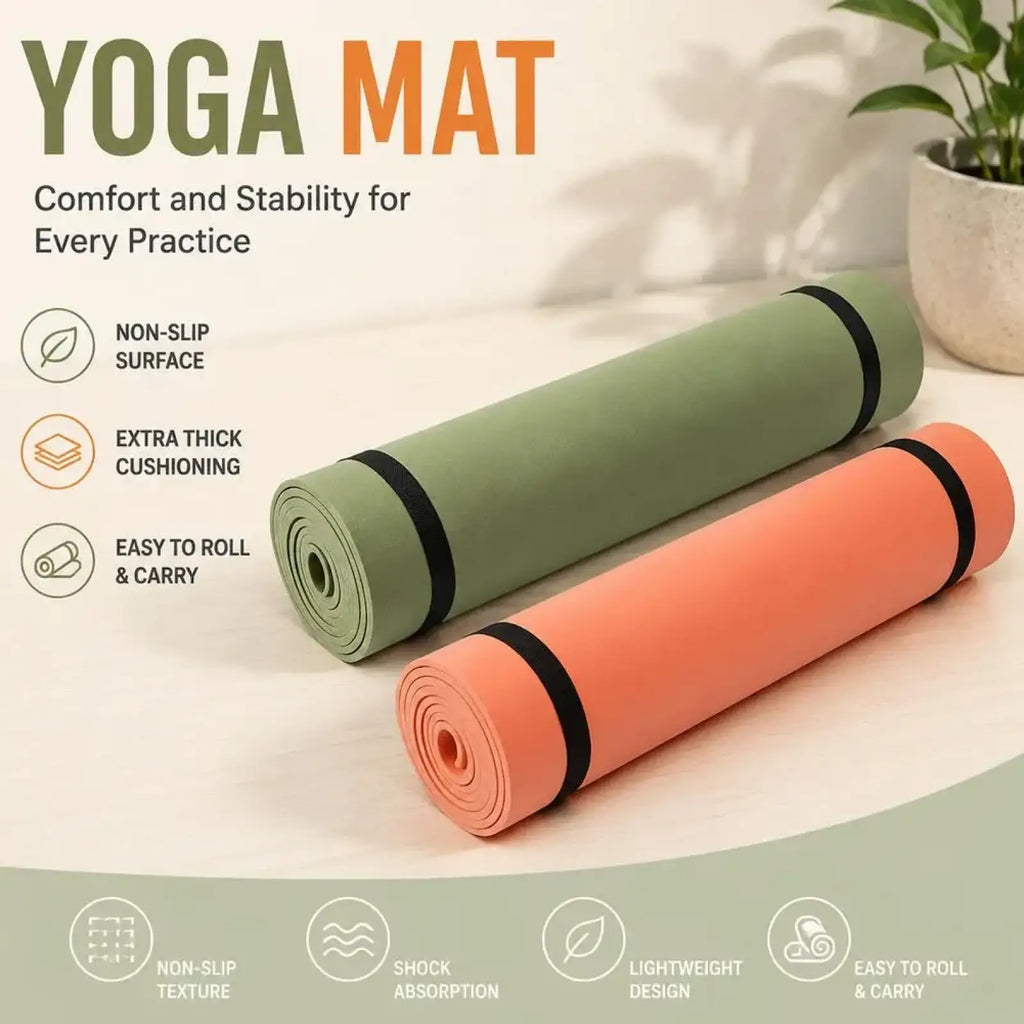 A soft extra-thick sage green and coral orange non-slip EVA yoga mat rolled with black straps for easy carrying