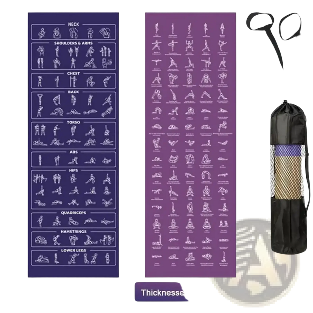 Purple yoga mat with white exercise pose illustrations by body region in black mesh carry bag for guided workouts