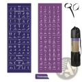 Purple yoga mat with white exercise pose illustrations by body region in black mesh carry bag for guided workouts