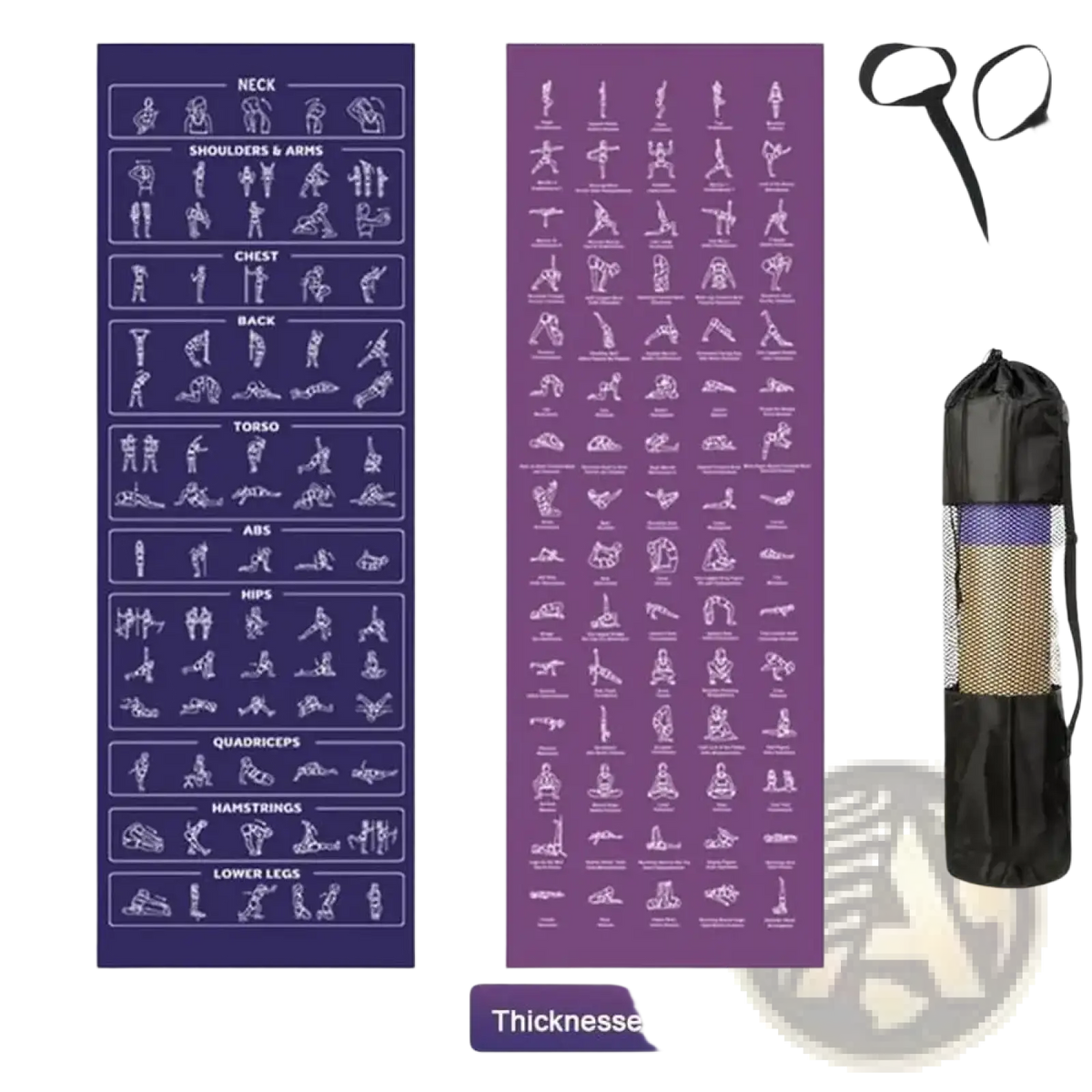Purple yoga mat with white exercise pose illustrations by body region in black mesh carry bag for guided workouts