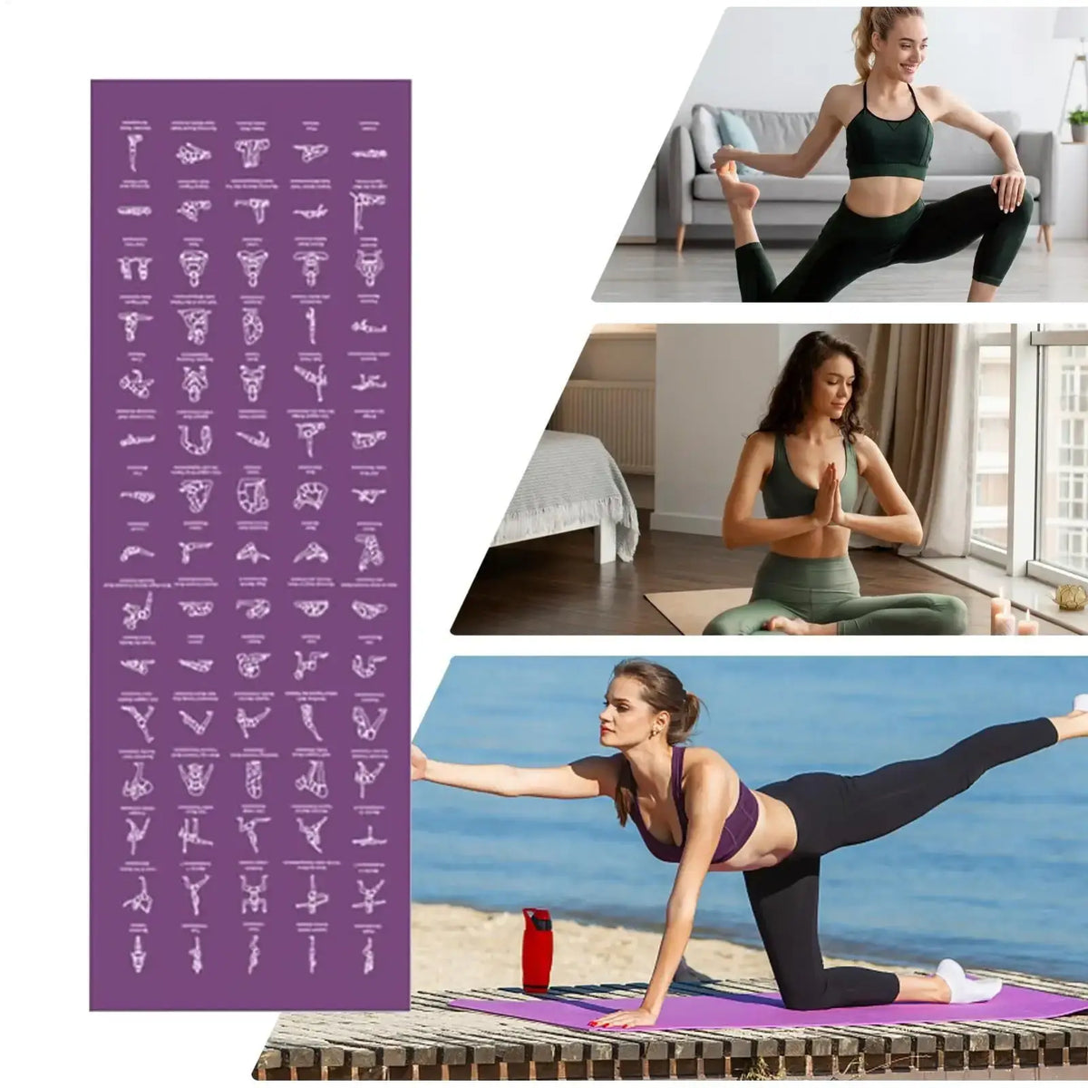 Purple yoga mat with white outlined pose guide printed on surface and convenient carry strap for easy transport