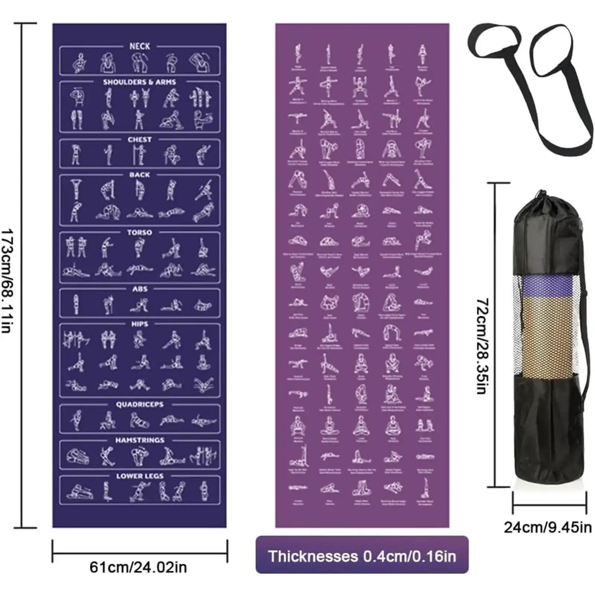 Purple yoga mat with white exercise pose diagrams by body area shown with black mesh carry bag and strap
