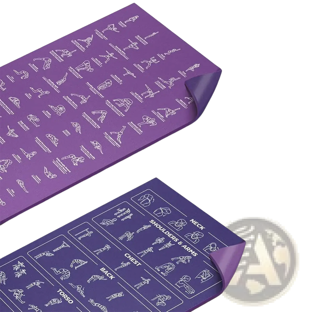 Purple yoga mat with white line drawings of 75 yoga poses and stretches featuring a pose guide and carry strap