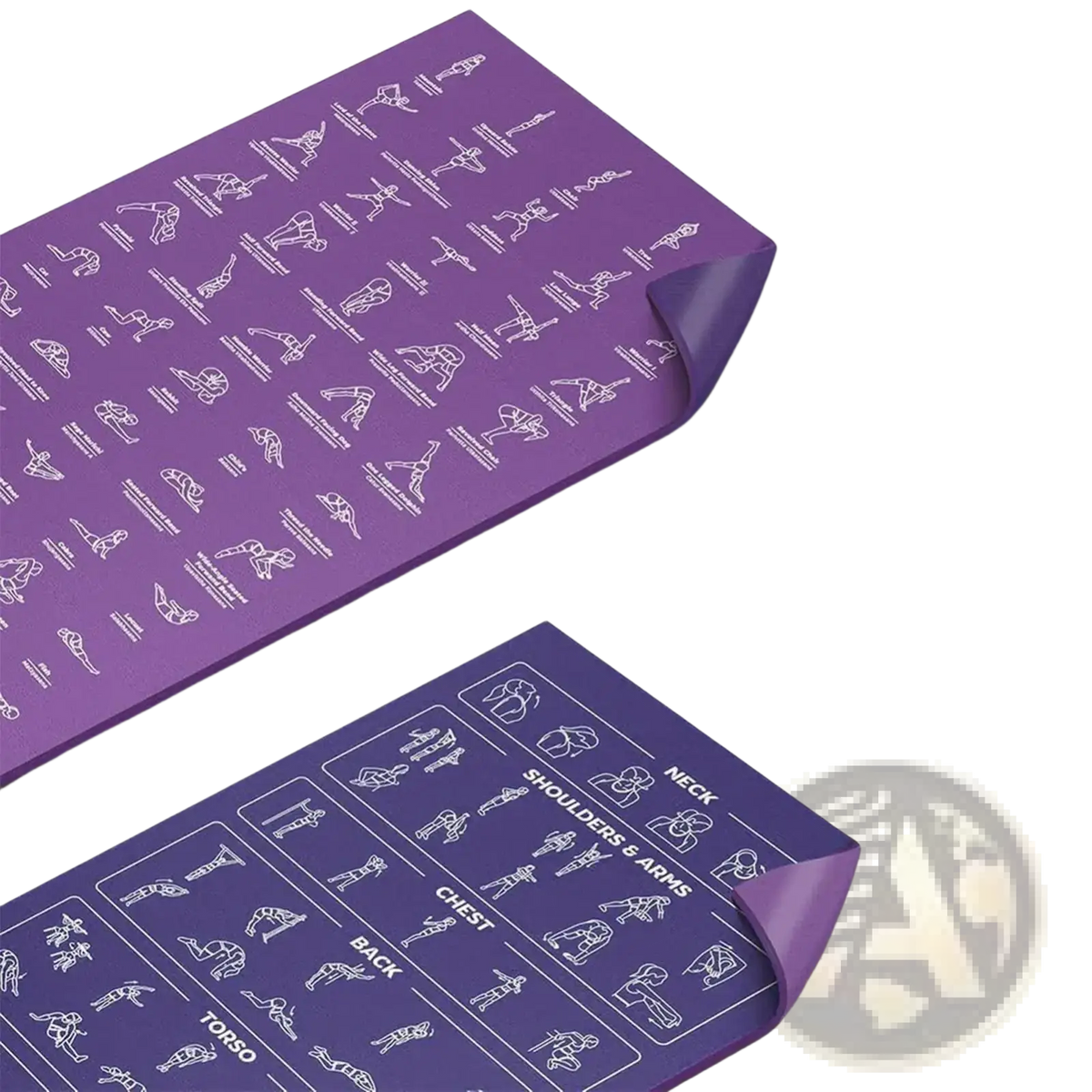 Purple yoga mat with white line drawings of 75 yoga poses and stretches featuring a pose guide and carry strap