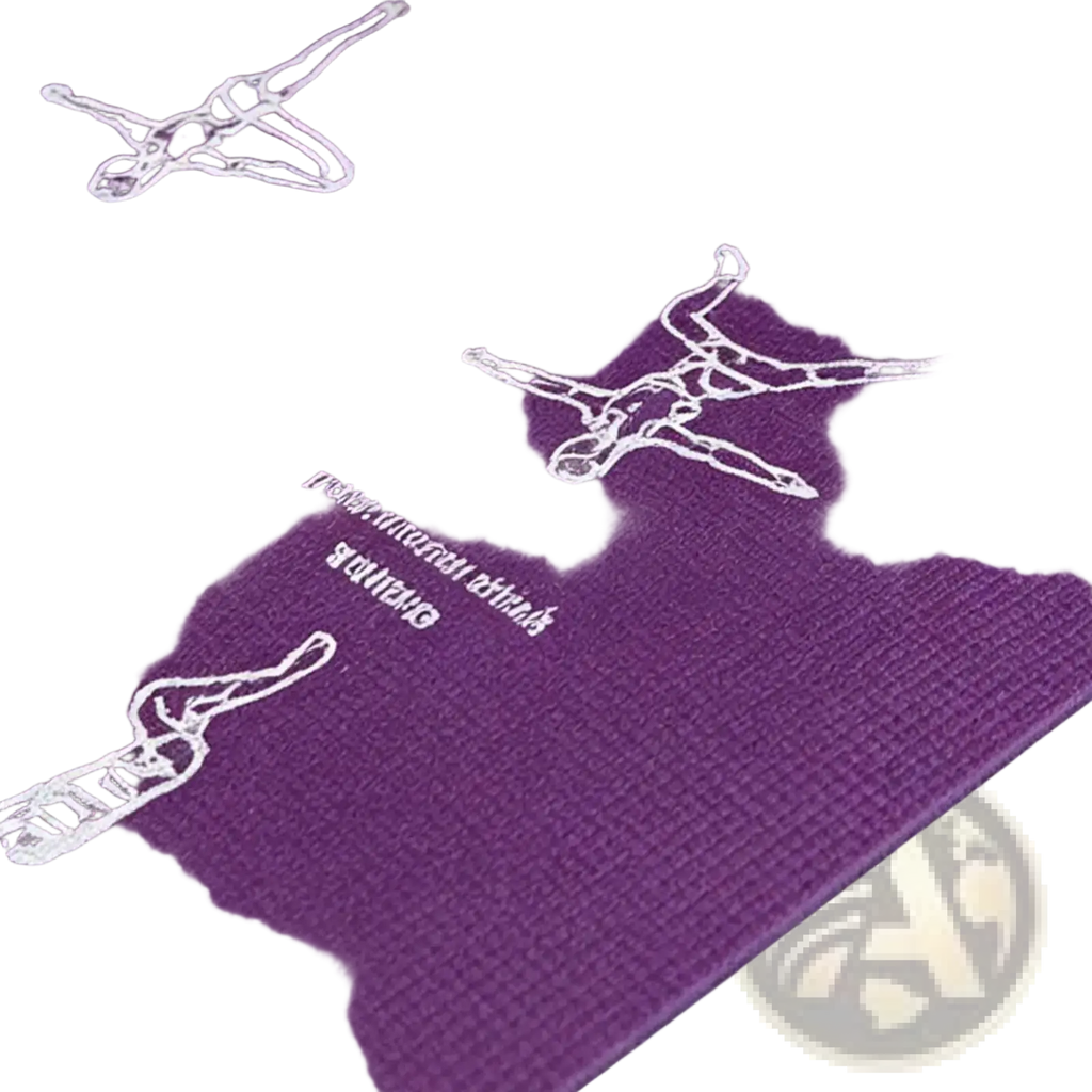 Purple yoga mat with white pose guide drawings and thai text featuring a carry strap for easy transport