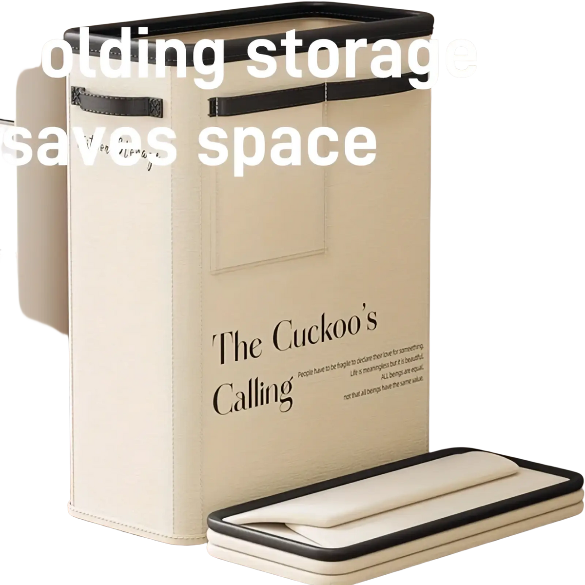 Beige folding laundry hamper with black trim and a printed quote for yoga mat storage and fitness organization