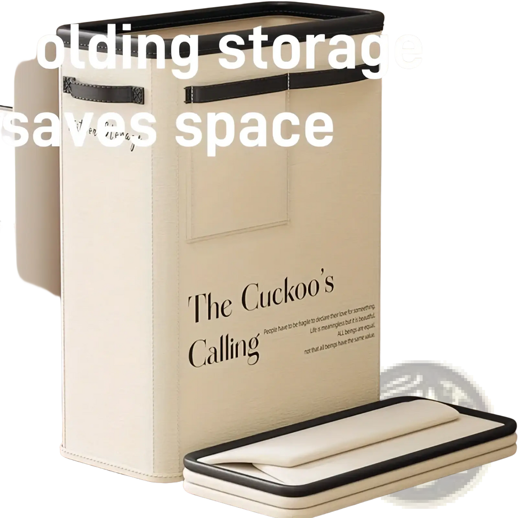 Beige folding laundry hamper with black trim and a printed quote for yoga mat storage and fitness organization