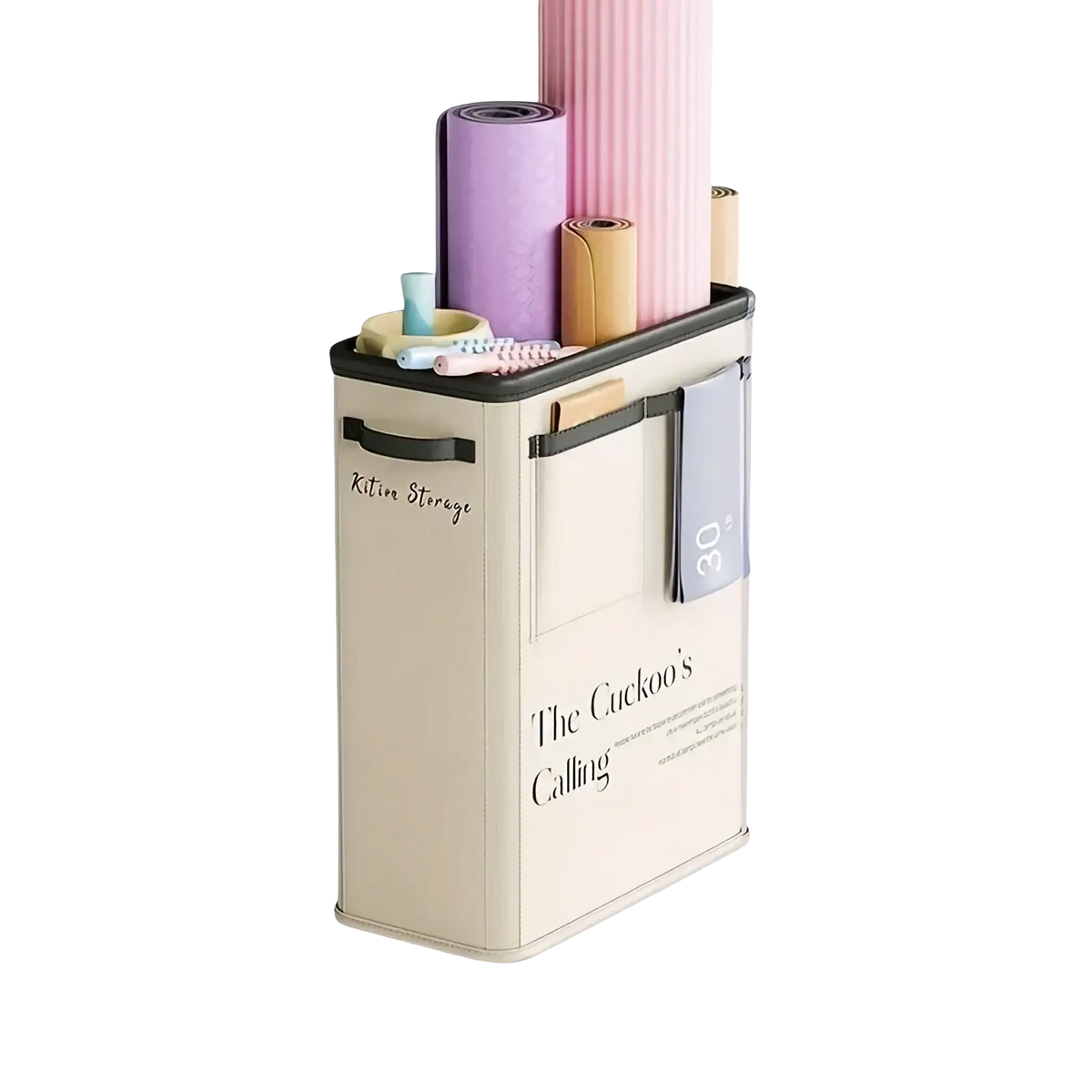 Beige rectangular yoga mat storage basket with black trim and handles designed for rolled mat organization