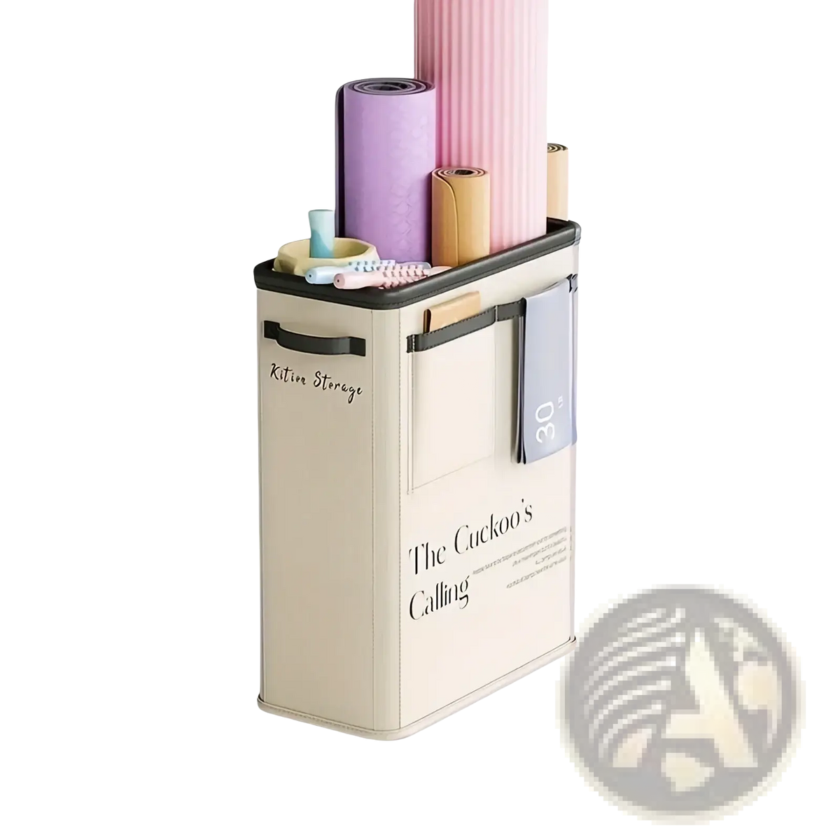 Beige rectangular yoga mat storage basket with black trim and handles designed for rolled mat organization