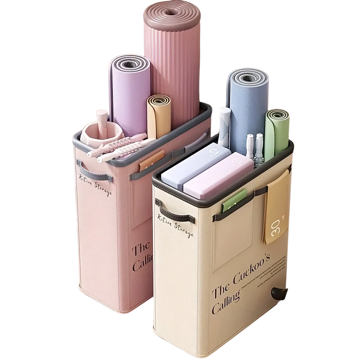 Pastel pink and cream fabric yoga mat storage baskets with gray trim holding rolled mats and fitness accessories